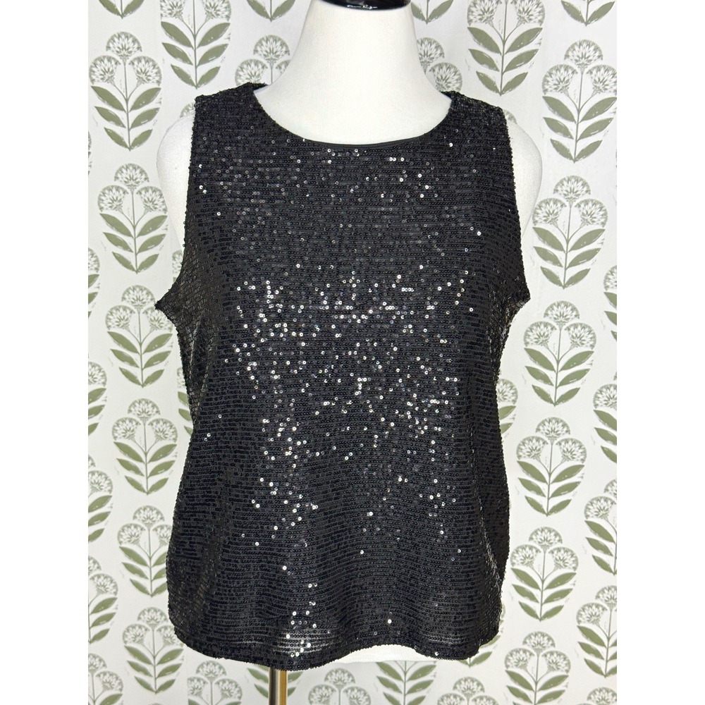 Investments Petites Black Sequin Sleeveless Round Neck Pullover Tank Top PL NWT